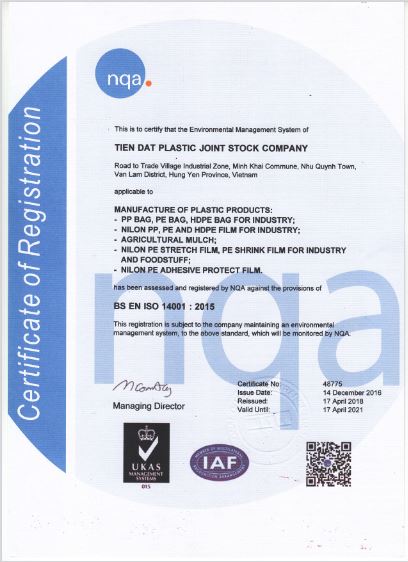 Certificate ISO14001.2015 - Công Ty Cổ Phần Nhựa Tiến Đạt